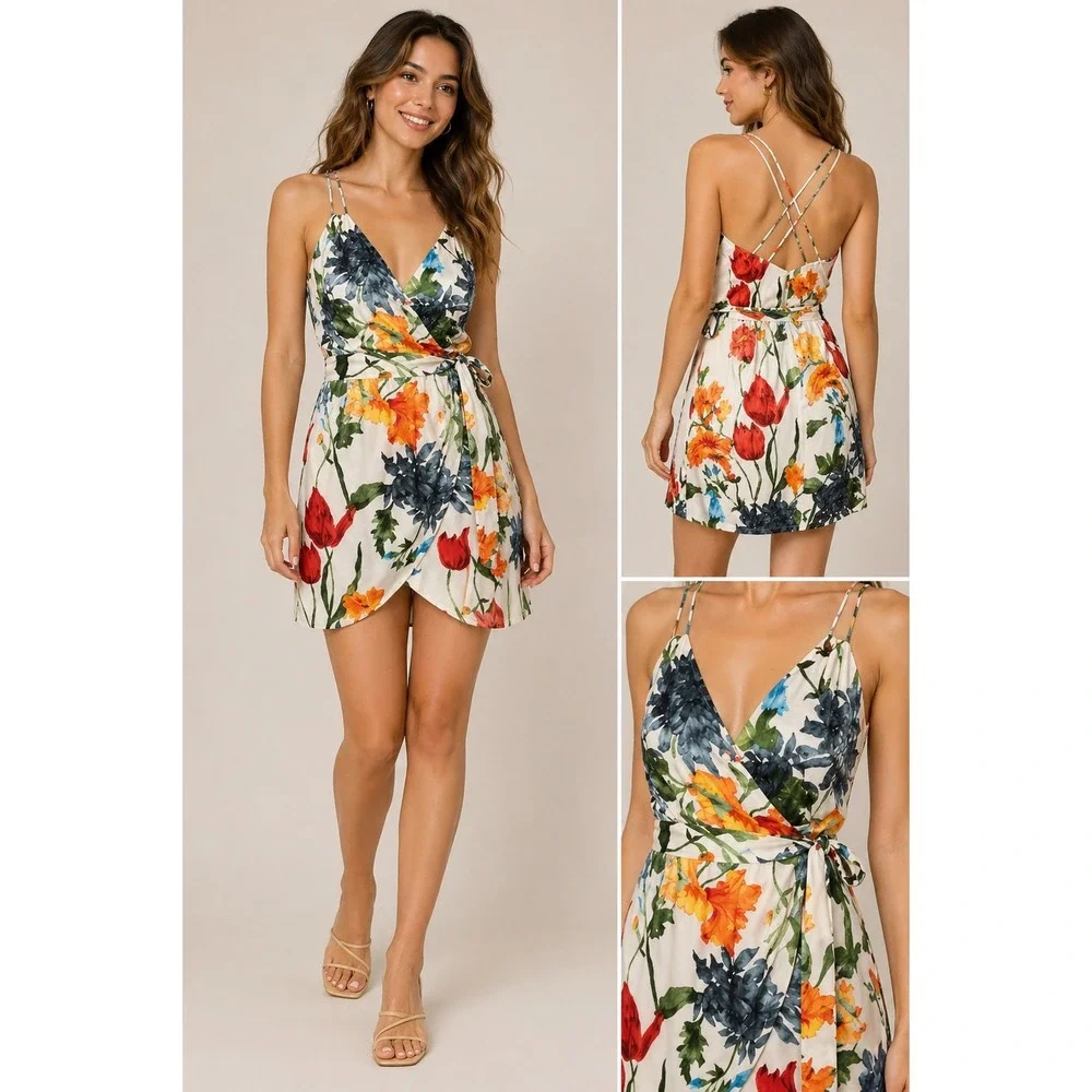 Alice + Olivia Sz 6 Dress Faux Wrap Silk Blend  Floral Mini Belted ‎ EXCELLENT